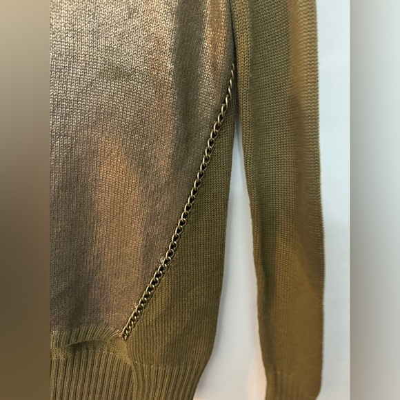 Kenneth Cole Olive Green Bronze Metallic Merino Wool Blend Knit Chain Sweater S - Picture 8 of 13